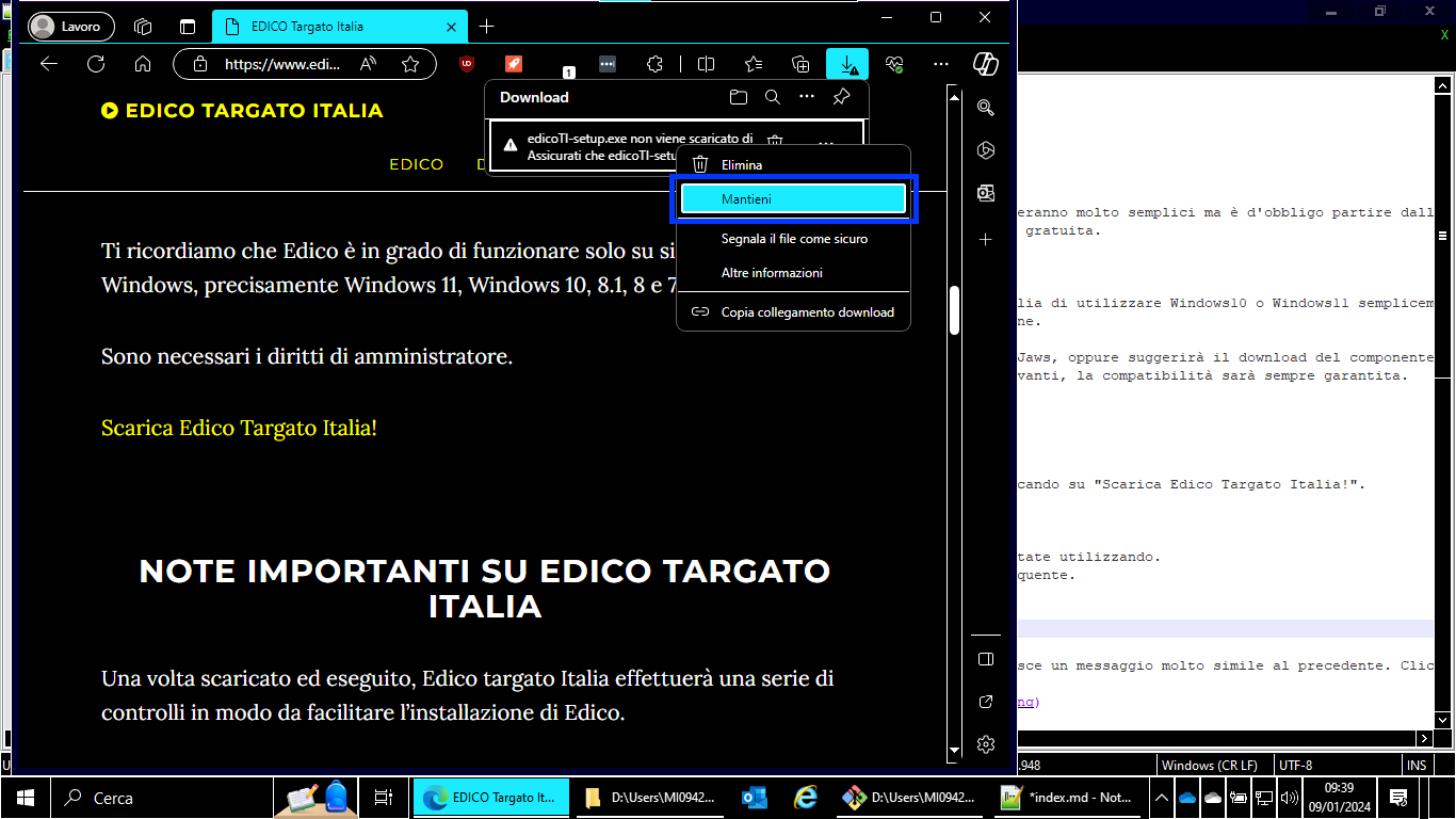 Schermata Edge avviso file non scaricato di frequente