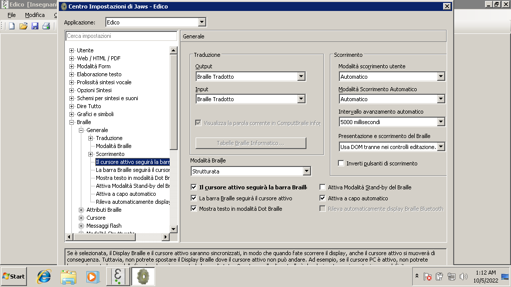 Screenshot dove l'opzione Il cursore attivo seguirà la barra braille è attivato